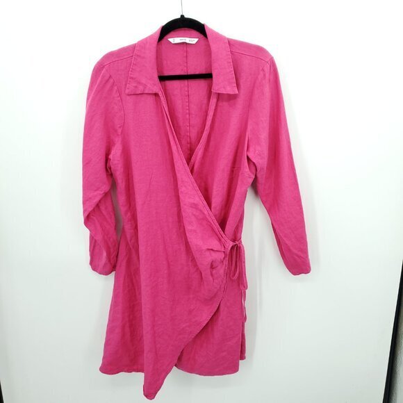 Mango 100% Linen Fuchsia/Barbie Pink Collared Wrap Dress 12 - Picture 3 of 16